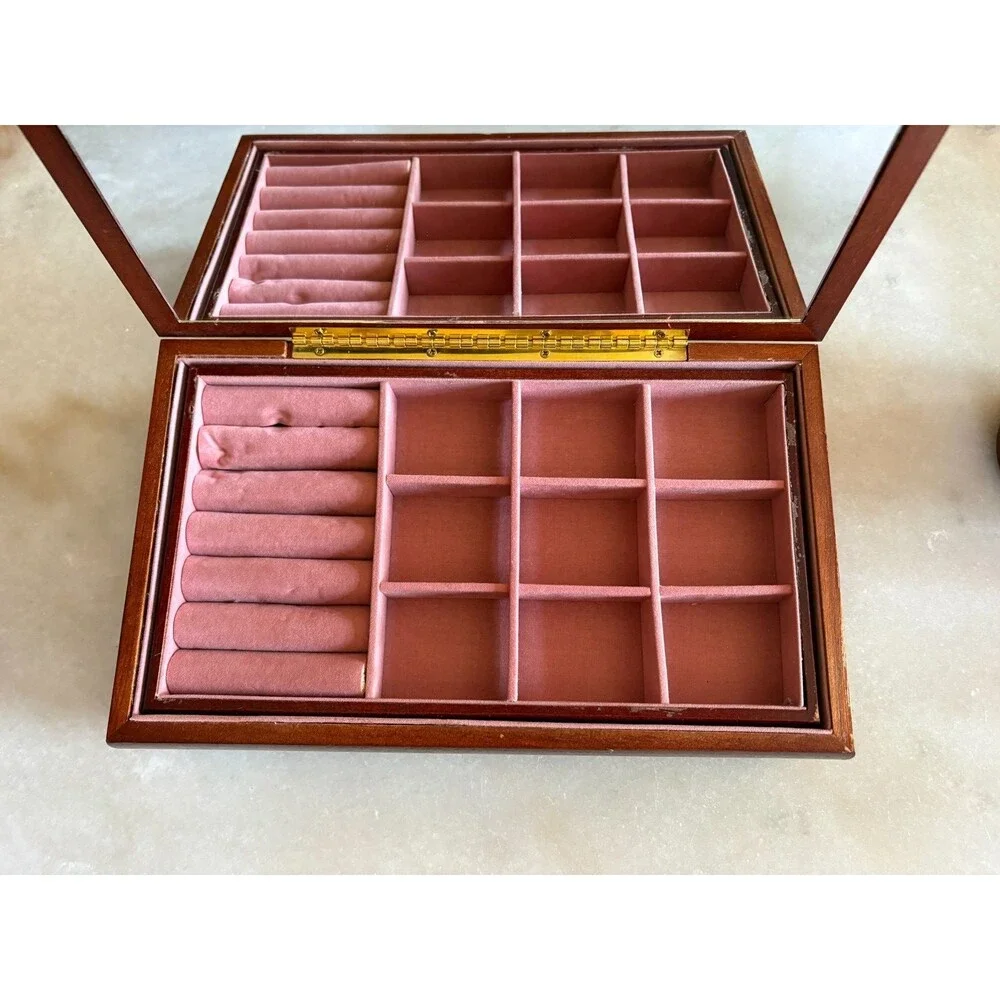 Vintage Wood Jewelry Box Tapestry Top Full Mirror Wooden Box Velvet interior